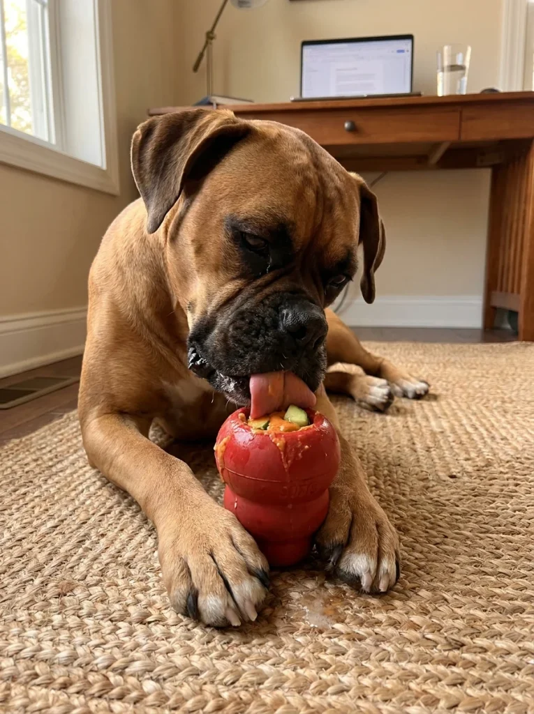 Boxer chewing a stuffed chew toy filled with tuna and sweet potato