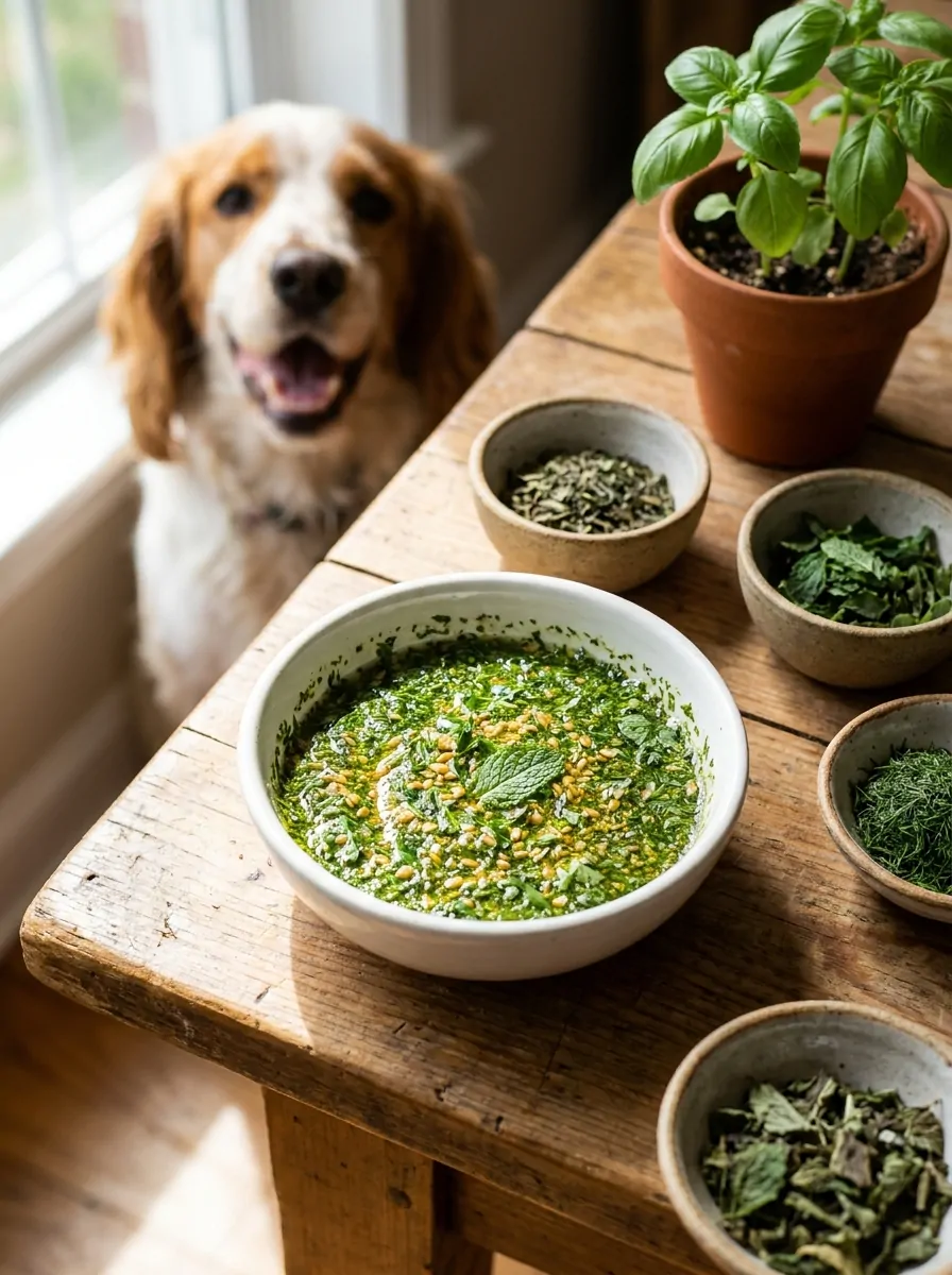 Bowl of bright fresh green herb blend with basil, spaniel dog watching from the table