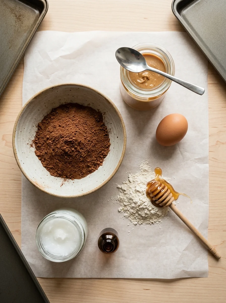Flat lay of homemade dog brownie ingredients