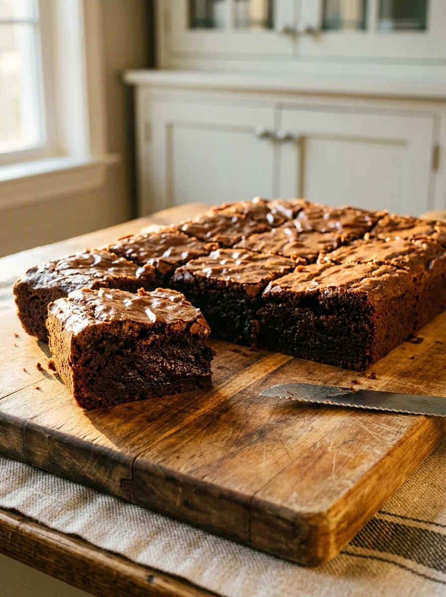 Freshly baked slab of carob brownies for dogs on a wooden cutting board