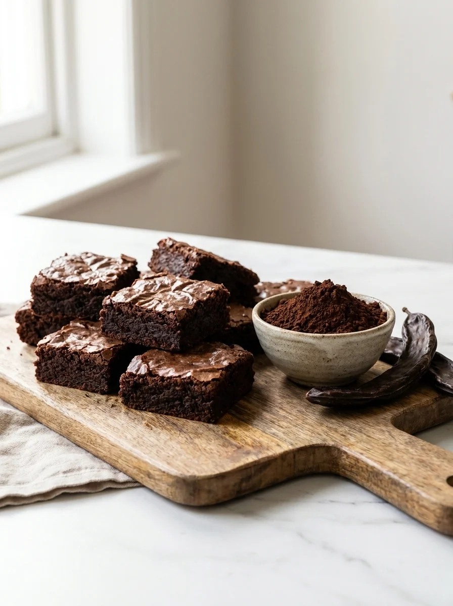 Carob brownies for dogs beside carob powder and carob pods