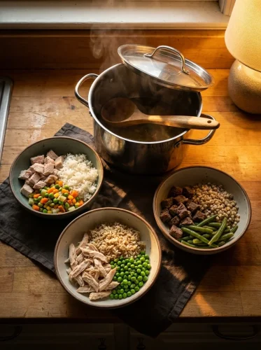 Three bowls of budget homemade dog food on a wooden counter in evening light
