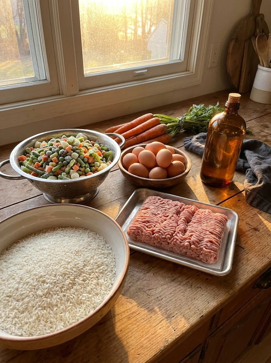 Bulk dog food ingredients on a kitchen counter in warm light