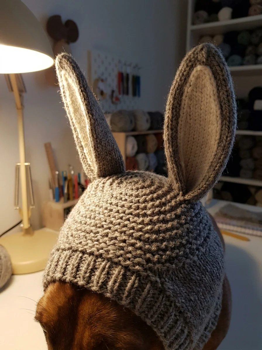 Close-up of bunny snood ears and crown under lamplight