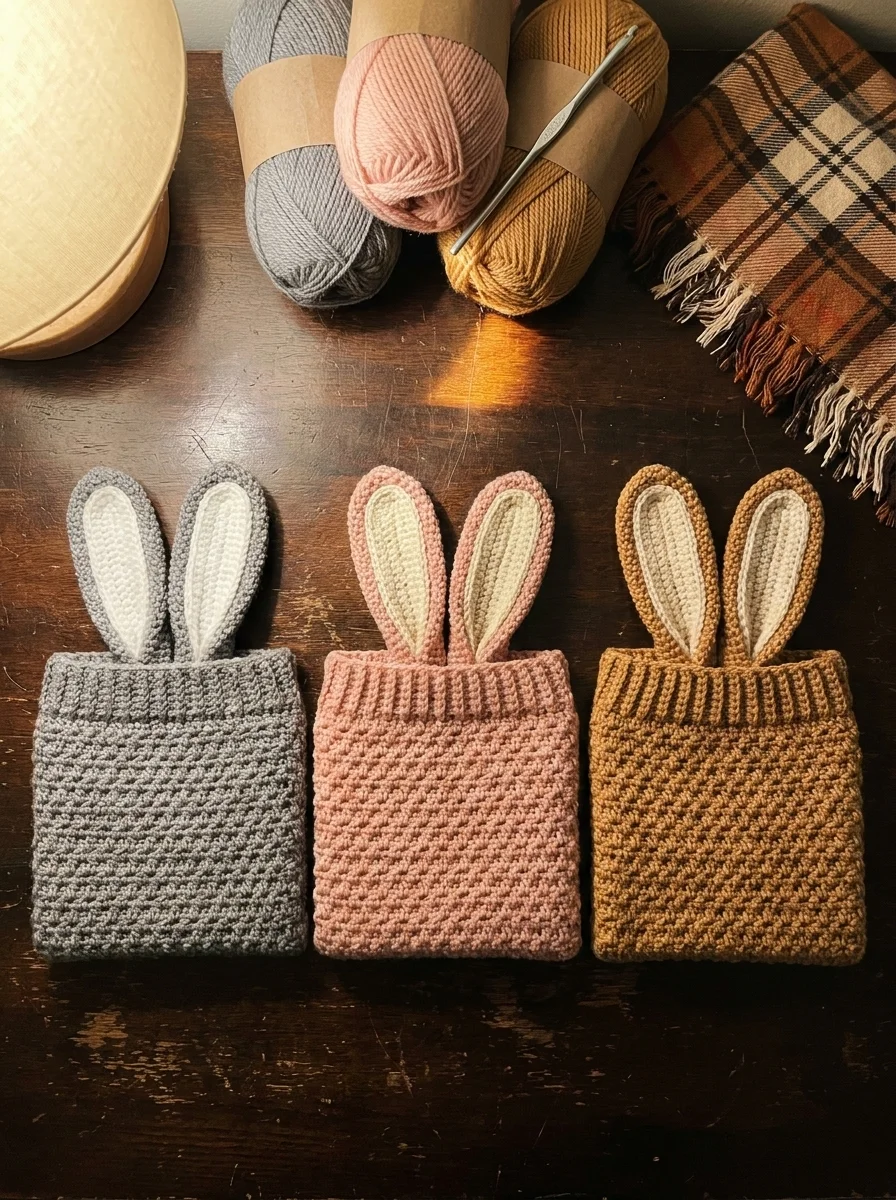 Three bunny snoods in grey, blush, and honey on a craft table