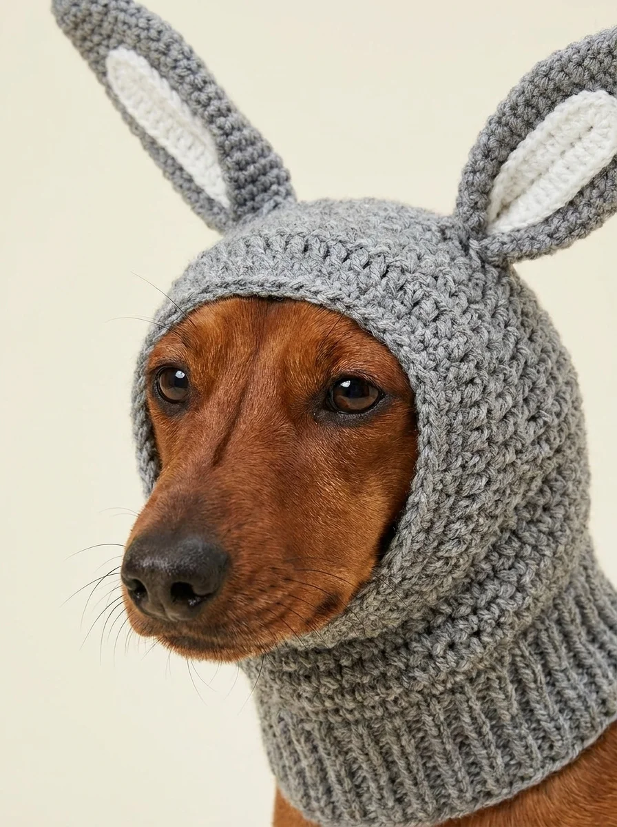 Studio close-up of a dachshund face framed by the bunny snood opening