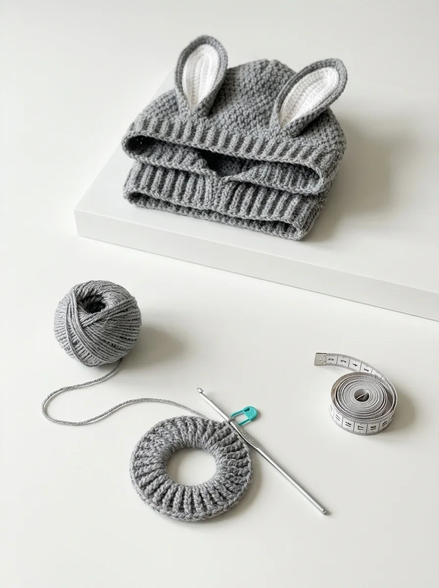 A started grey crochet ring on a hook beside a finished bunny snood in a studio