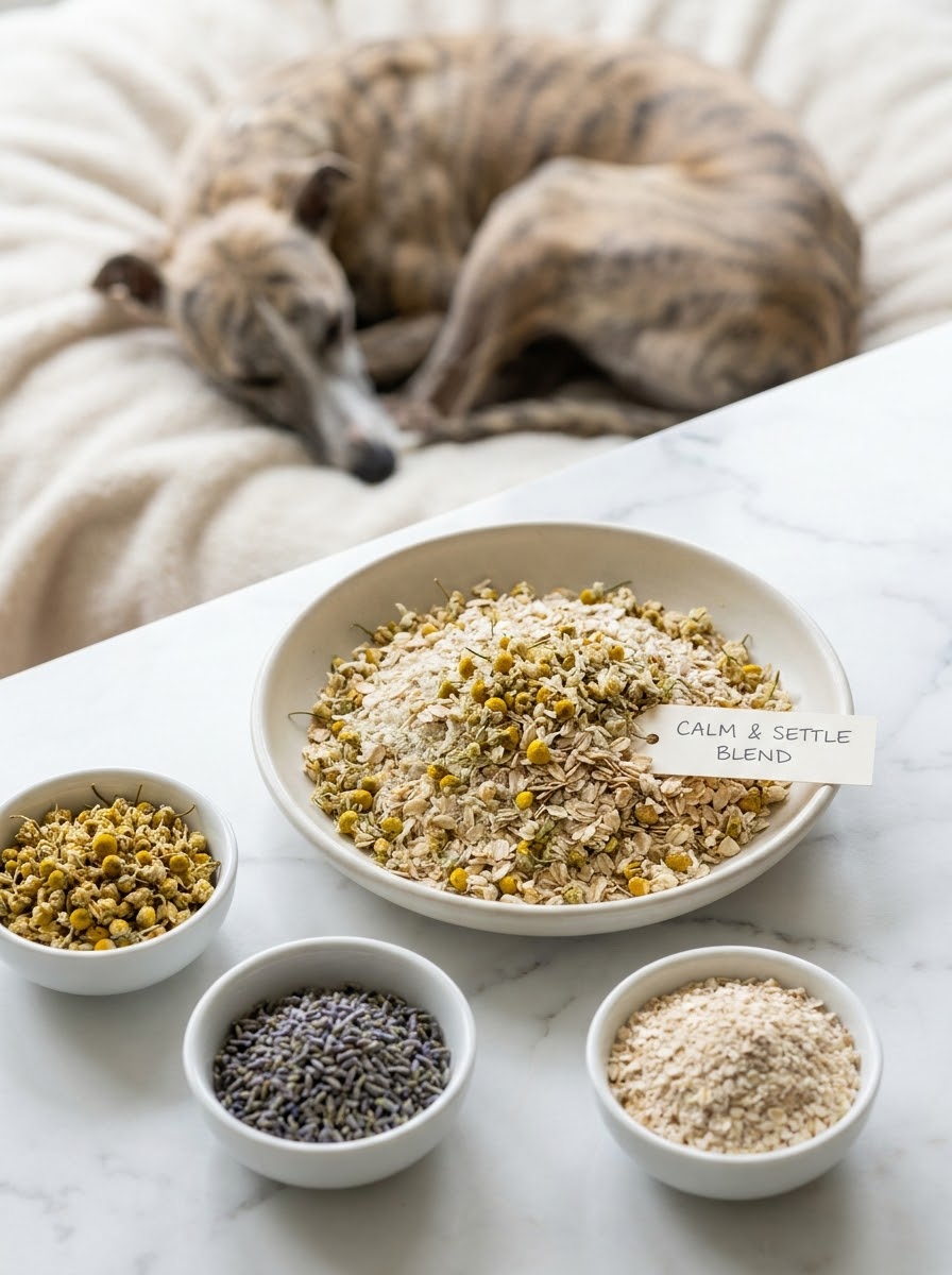 Calm and settle chamomile lavender oat blend in a bowl with a sleeping whippet nearby