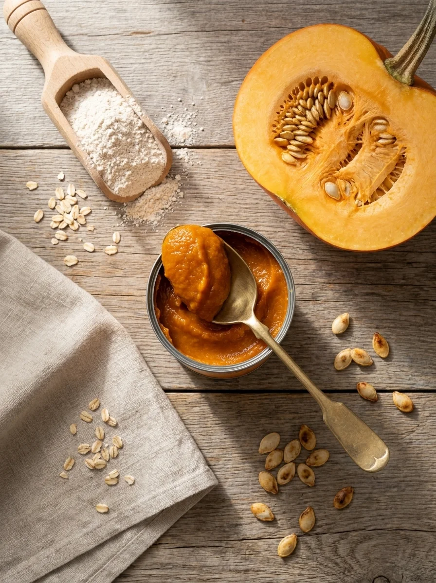 Canned pumpkin purée, fresh pie pumpkin, and oat flour arranged on a wooden table