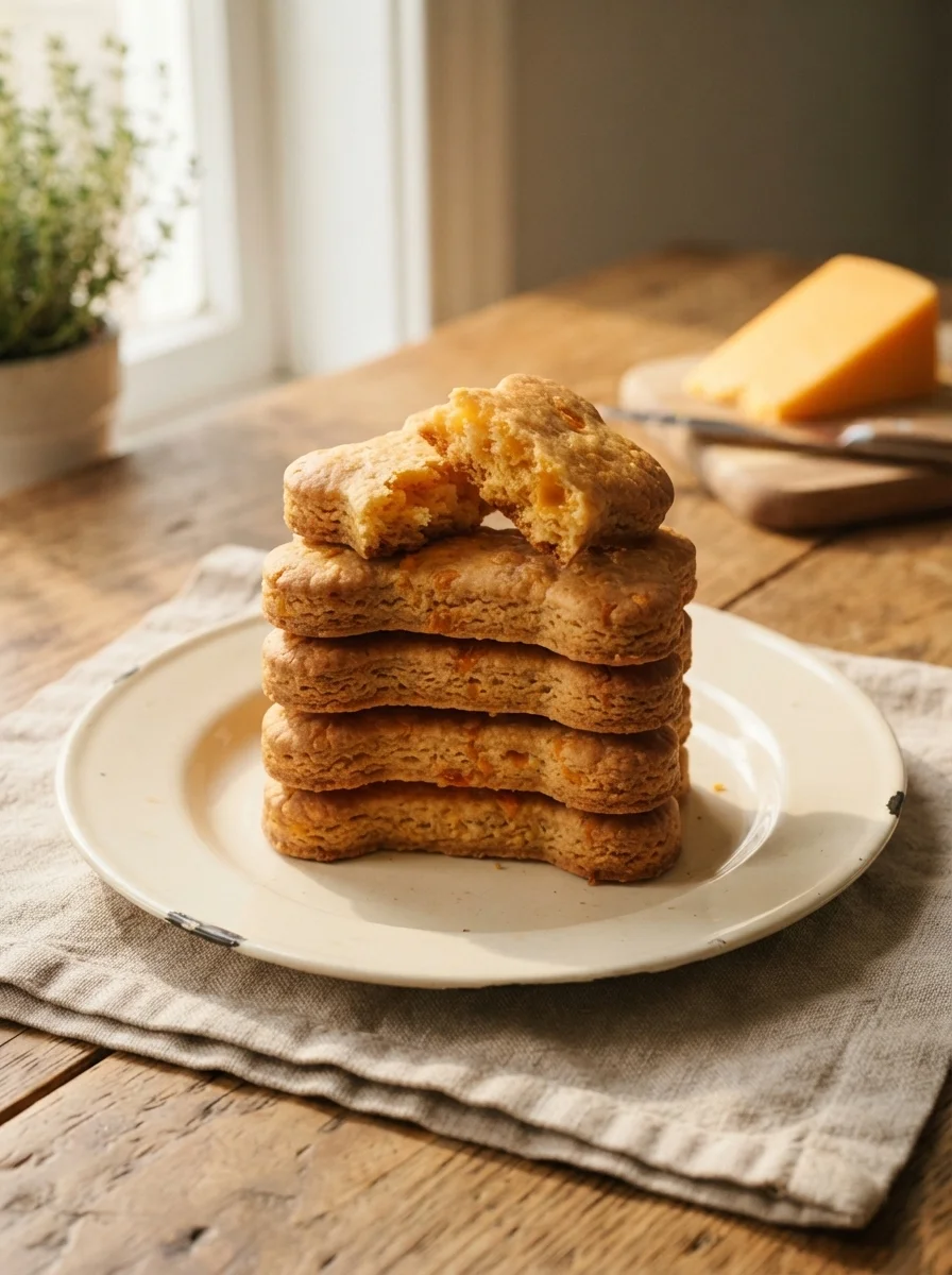 Stack of crunchy bone-shaped cheddar biscuits