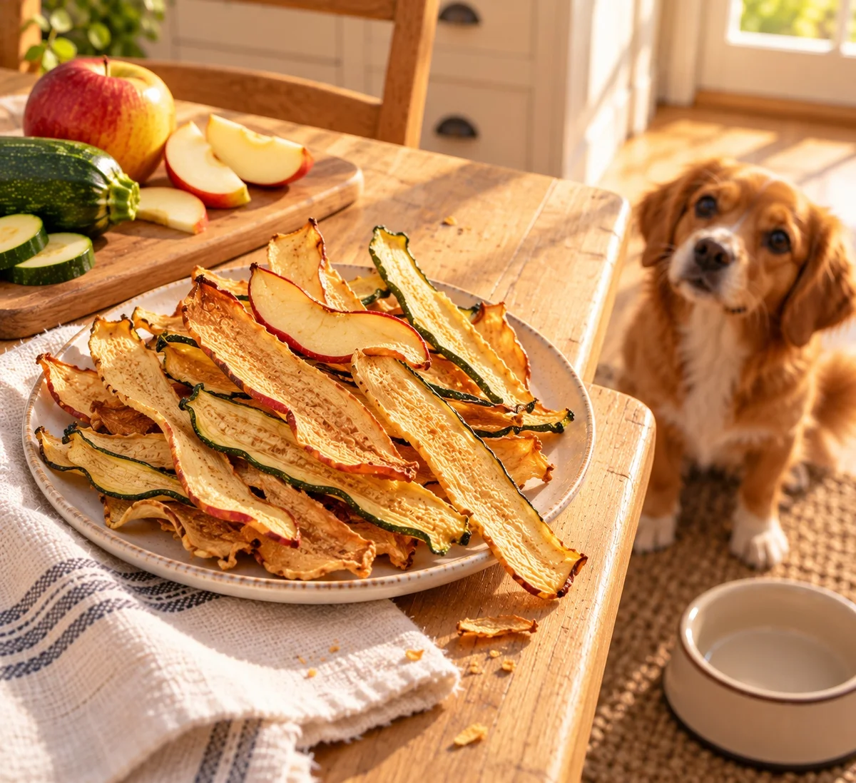 Apple zucchini chew sticks on a pine table with a small dog looking up