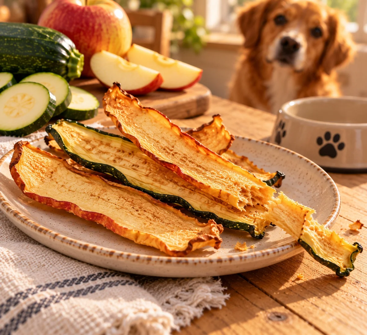 Close-up of dried apple zucchini chew sticks for dogs with apple slices beside the plate