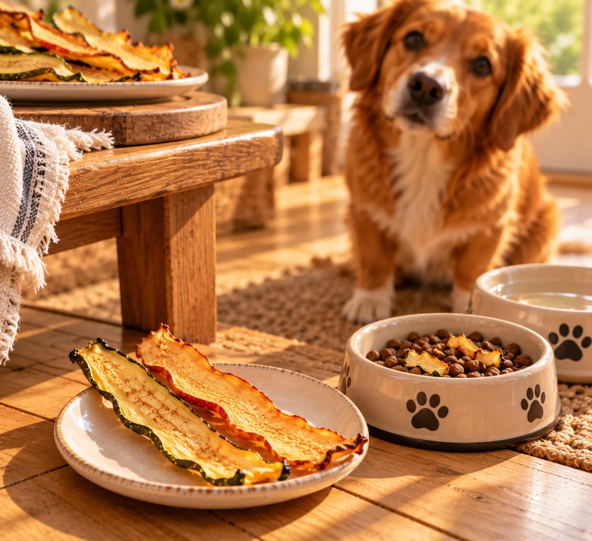 Apple zucchini chew sticks for dogs served beside a dog bowl and water bowl