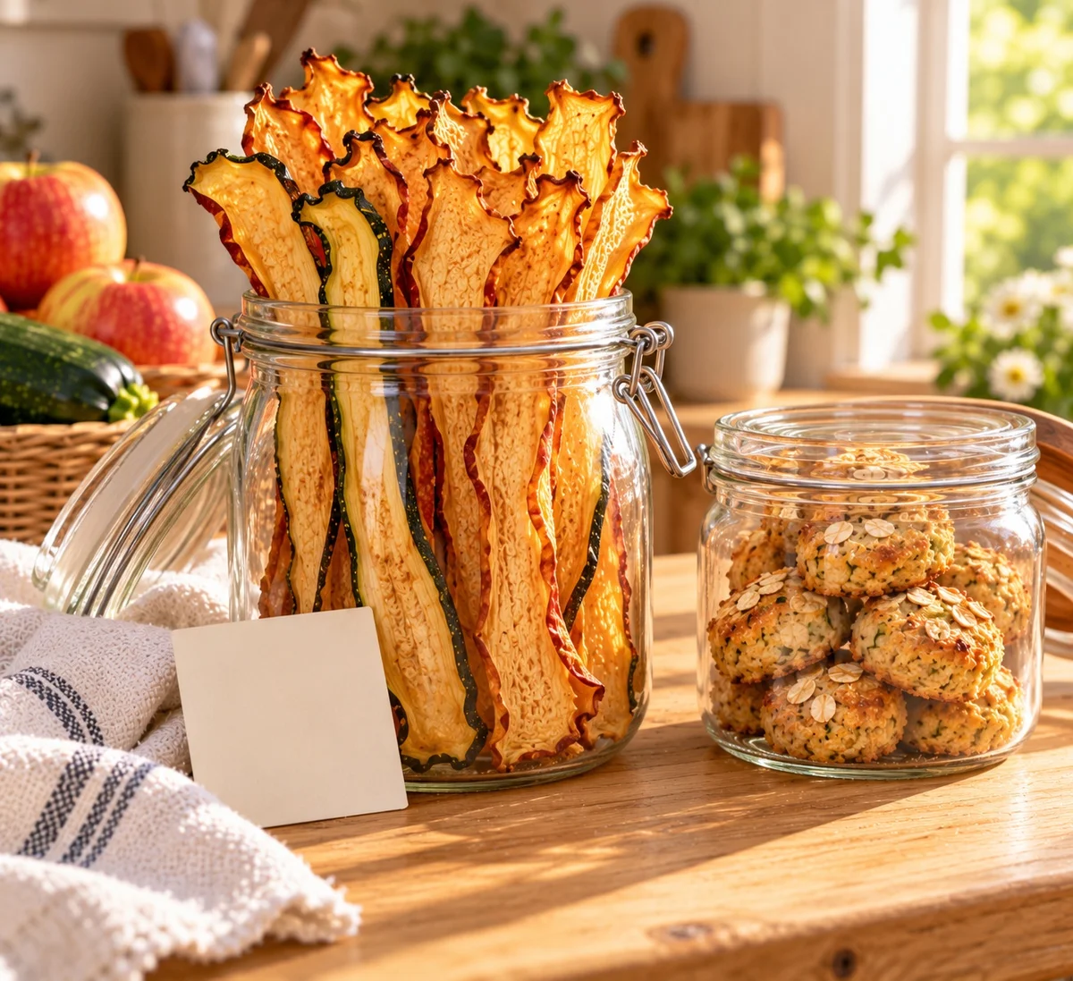 Apple zucchini chew sticks for dogs stored upright in glass jars with parchment
