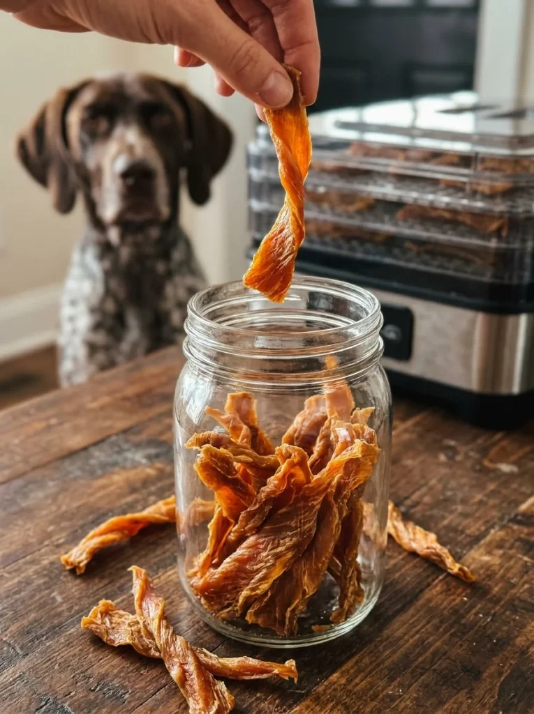 Chewy dehydrated tuna sweet potato dog treats jerky in a glass storage jar