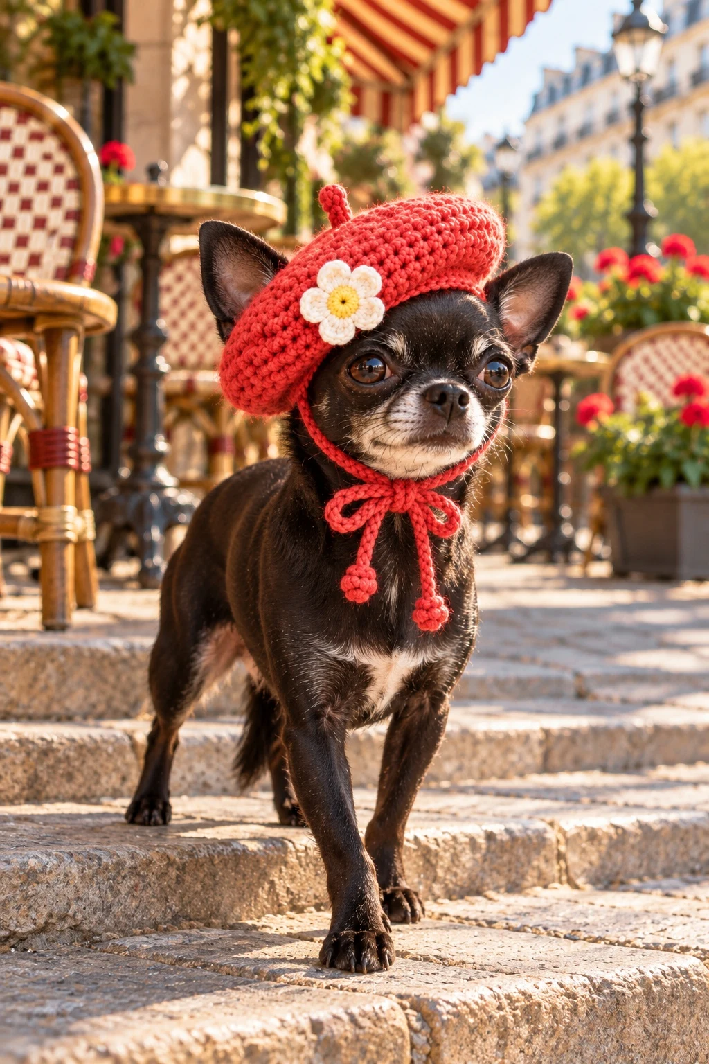 Black chihuahua standing in a finished coral beret on terrace steps