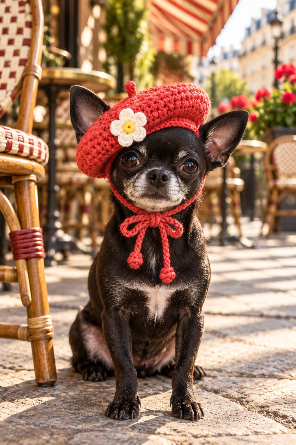 Black chihuahua in a tilted coral beret sitting beside a cafe chair