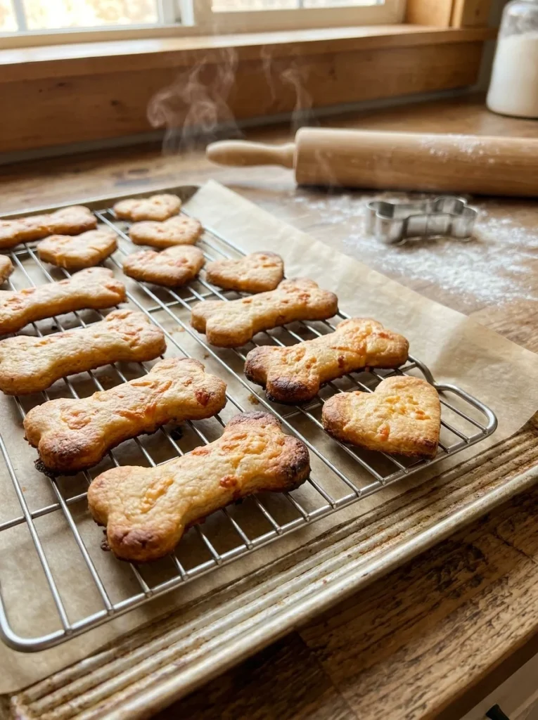 Crunchy baked tuna and cheese dog treats cooling on a wire rack