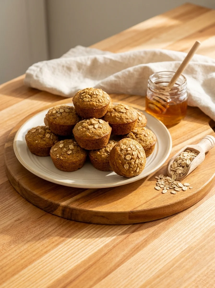 Classic banana oatmeal dog treats on a wooden board with oats and honey