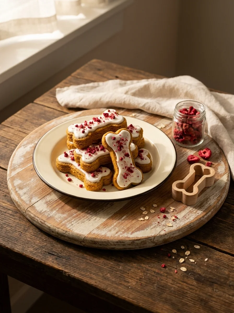 Classic peanut butter birthday cookies for dogs on a wooden board with a bone-shaped cutter