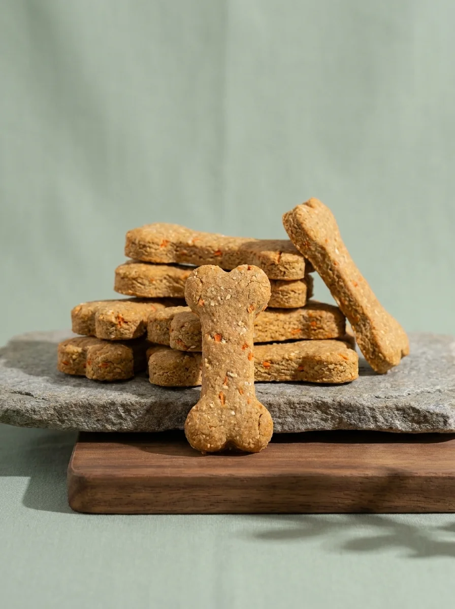 Apple and carrot dog bones hero shot on a stone studio surface