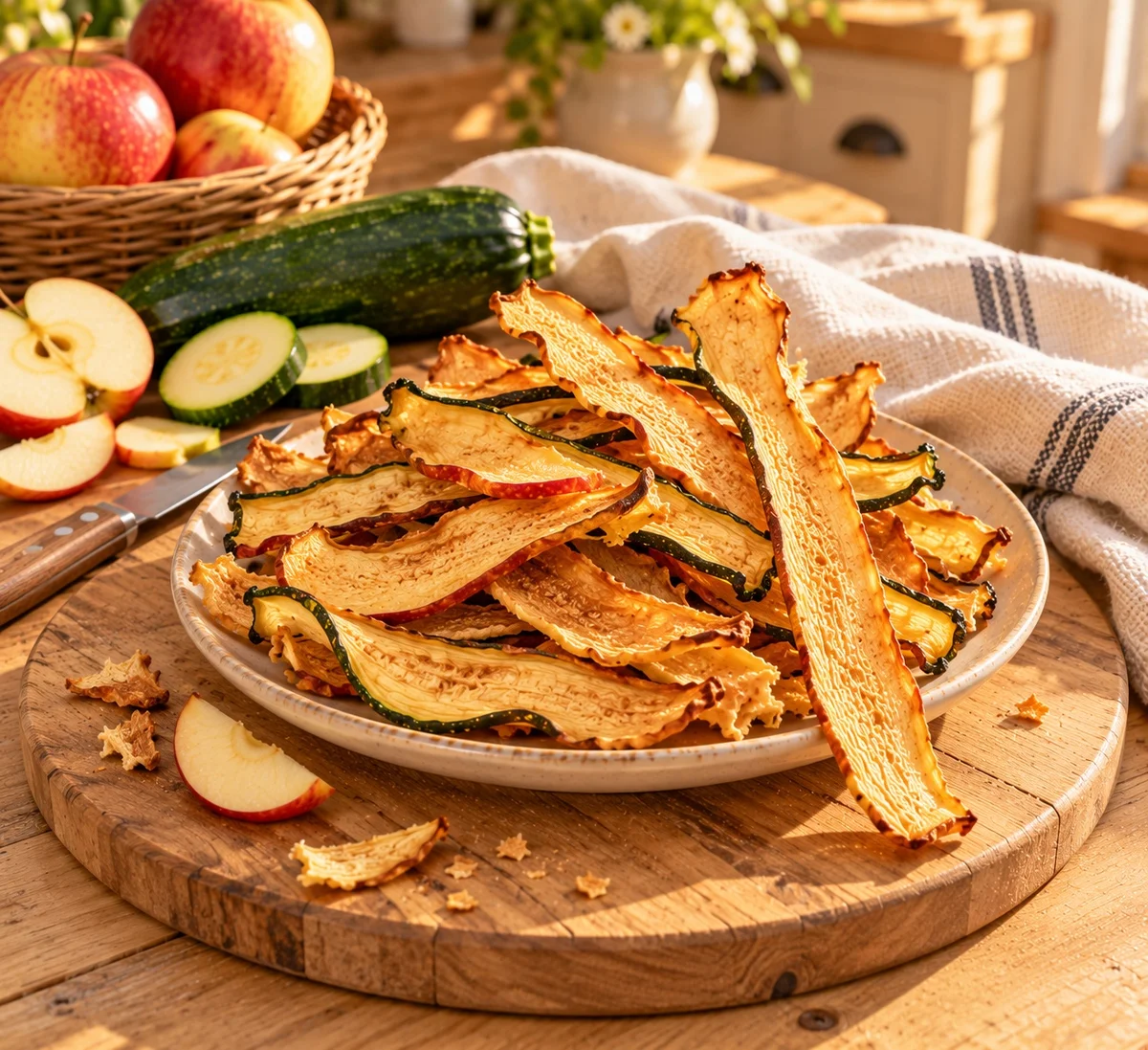 Classic apple zucchini chew sticks for dogs on a wooden board with apples and zucchini