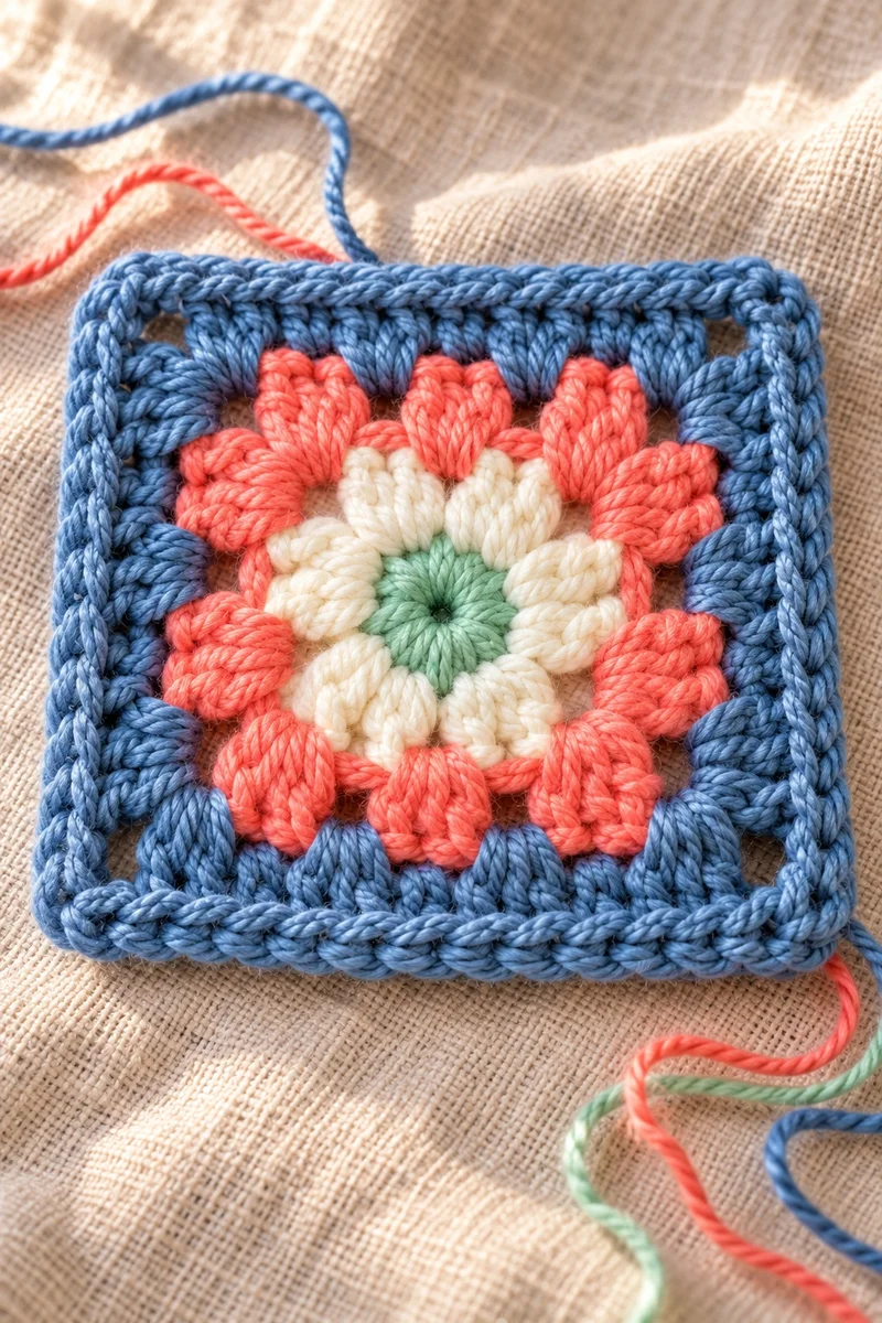 Close-up of a dusty blue granny square with coral and mint rounds