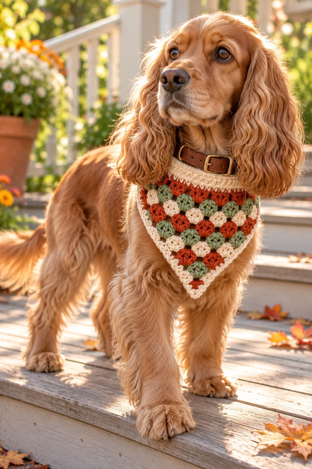 Cocker spaniel standing in a finished granny slide-on bandana on porch steps