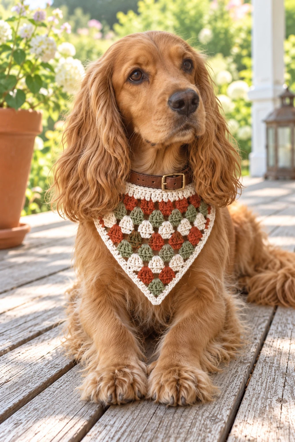 Cocker spaniel in a granny bandana lying on porch boards