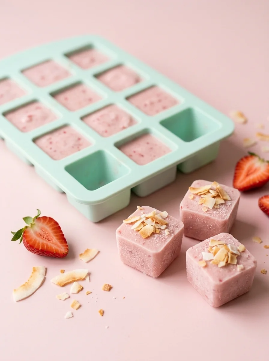 Elegant white dish of coconut strawberry ice cream with flakes