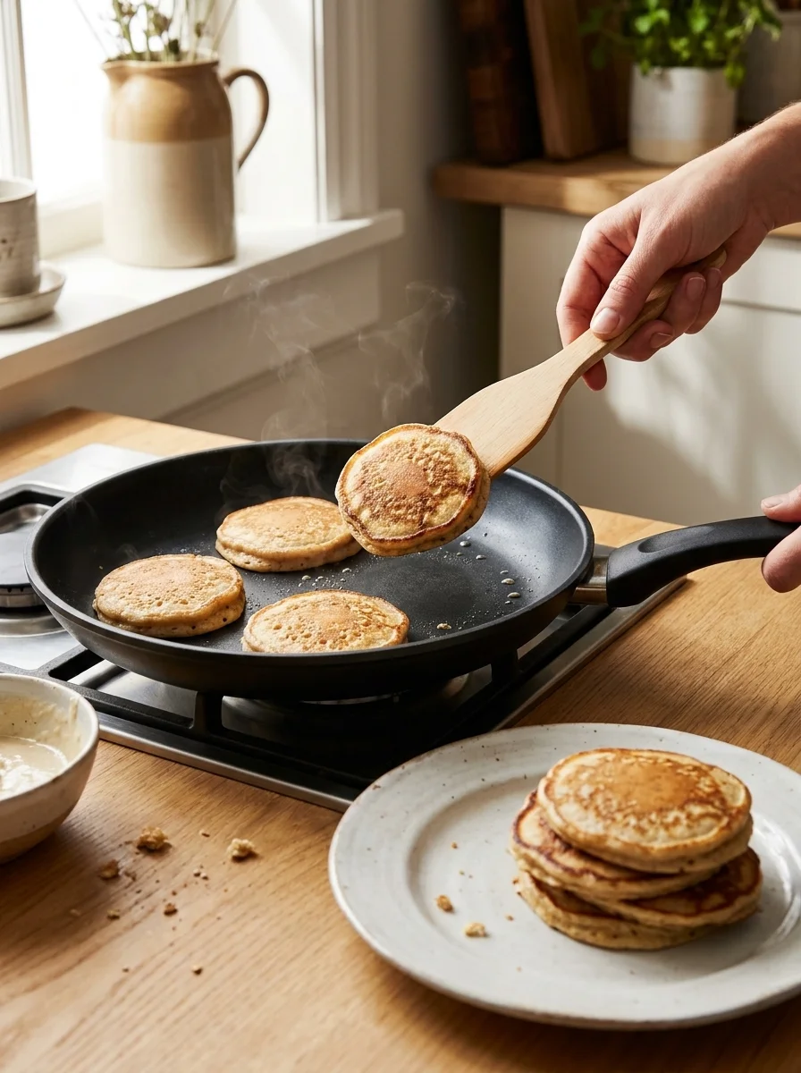 Cooking fluffy banana pancakes for dogs in a skillet