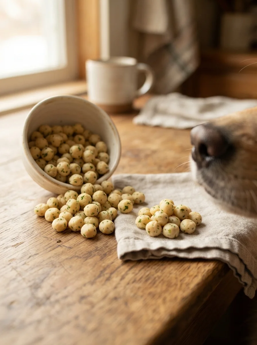 Tiny soft cottage cheese training treats in a pile