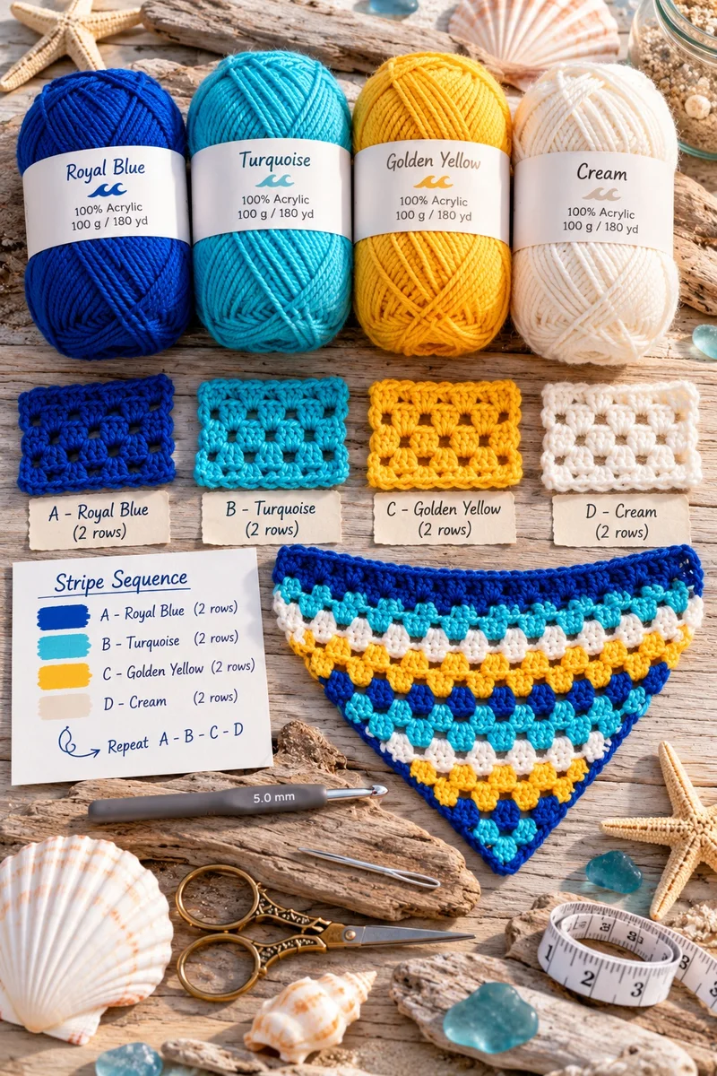 Four yarn colors in stripe sequence with swatches