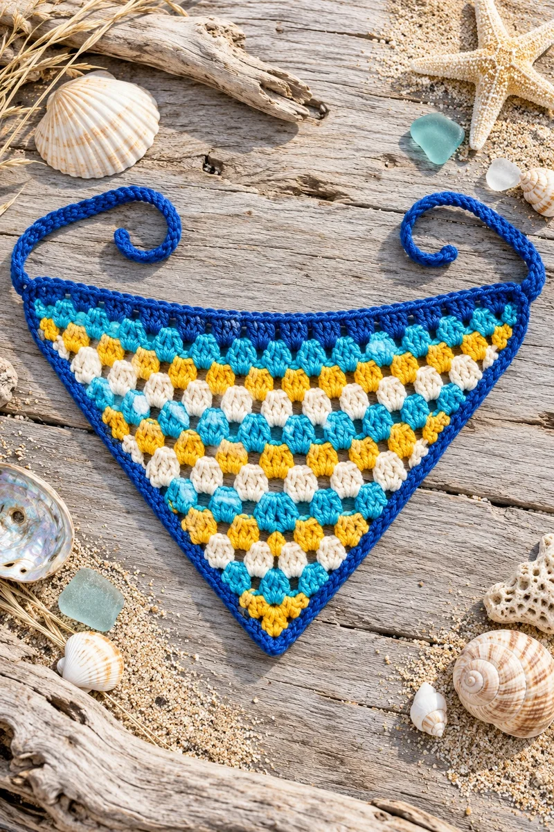 Finished cozy waves dog bandana on driftwood with seashells