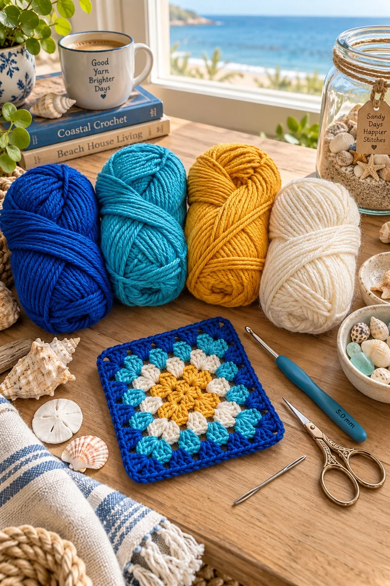 Yarn and hook for cozy waves bandana on wooden table