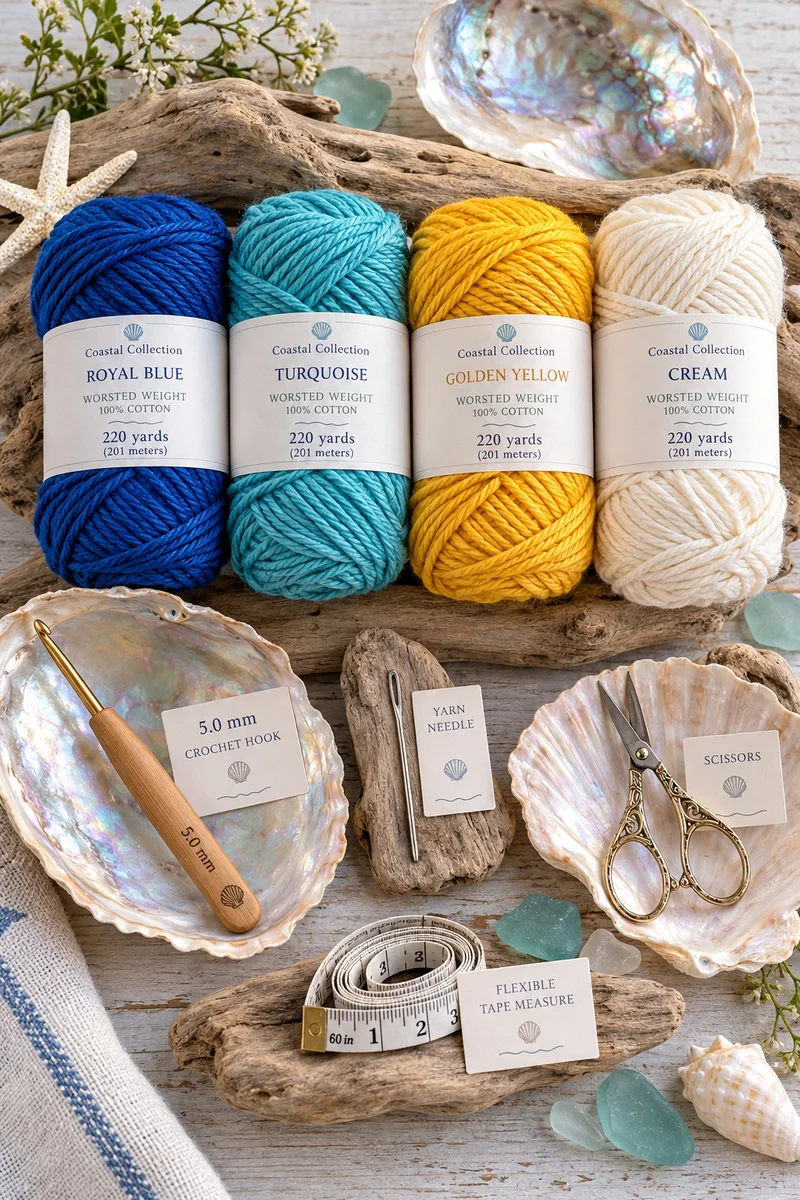 Four yarn colors and notions with coastal styling
