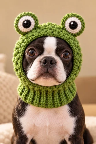 Boston terrier wearing a green frog snood with stalk eyes