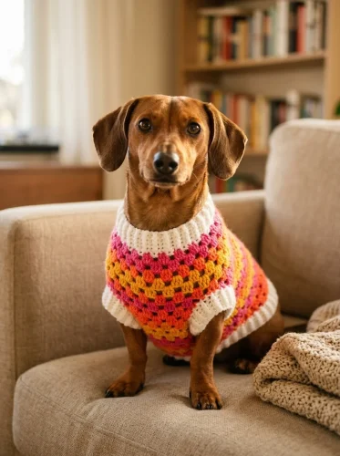 Small brown dog wearing a sunset-striped granny stitch crochet sweater