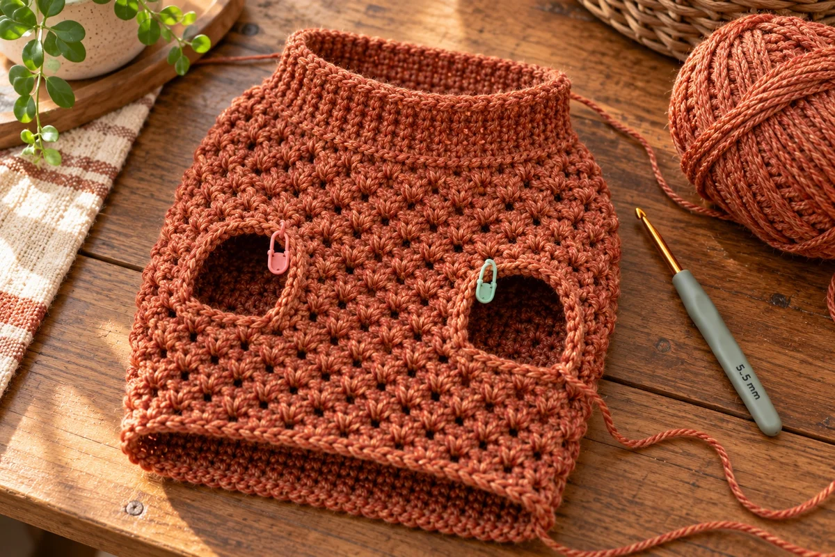 Terracotta crocheted hoodie yoke with chain-space leg openings, short body started