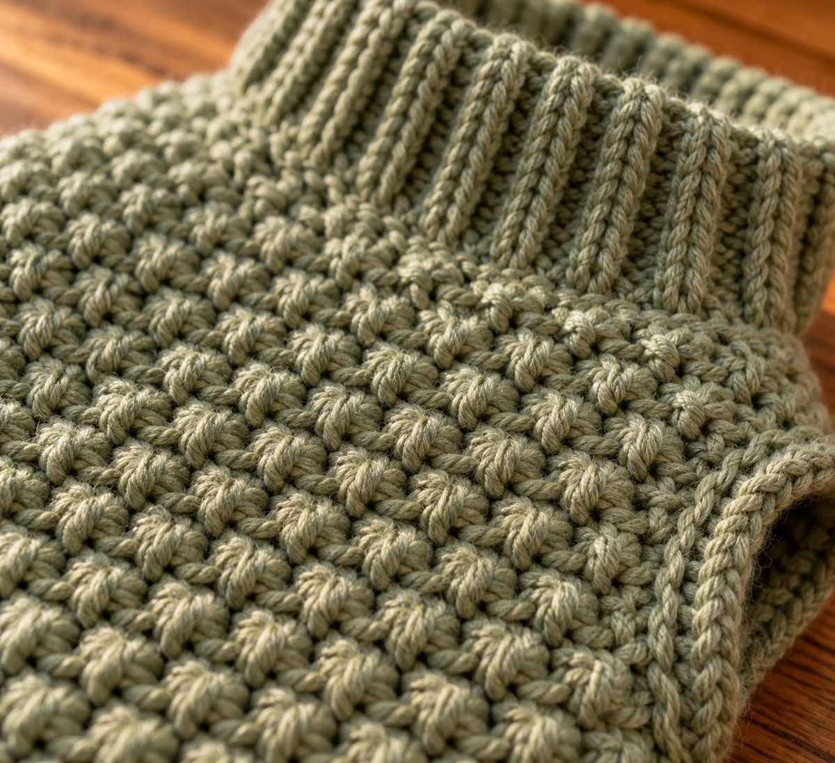 Macro close-up of sage-green Suzette stitch texture and ribbed collar of a crochet dog sweater