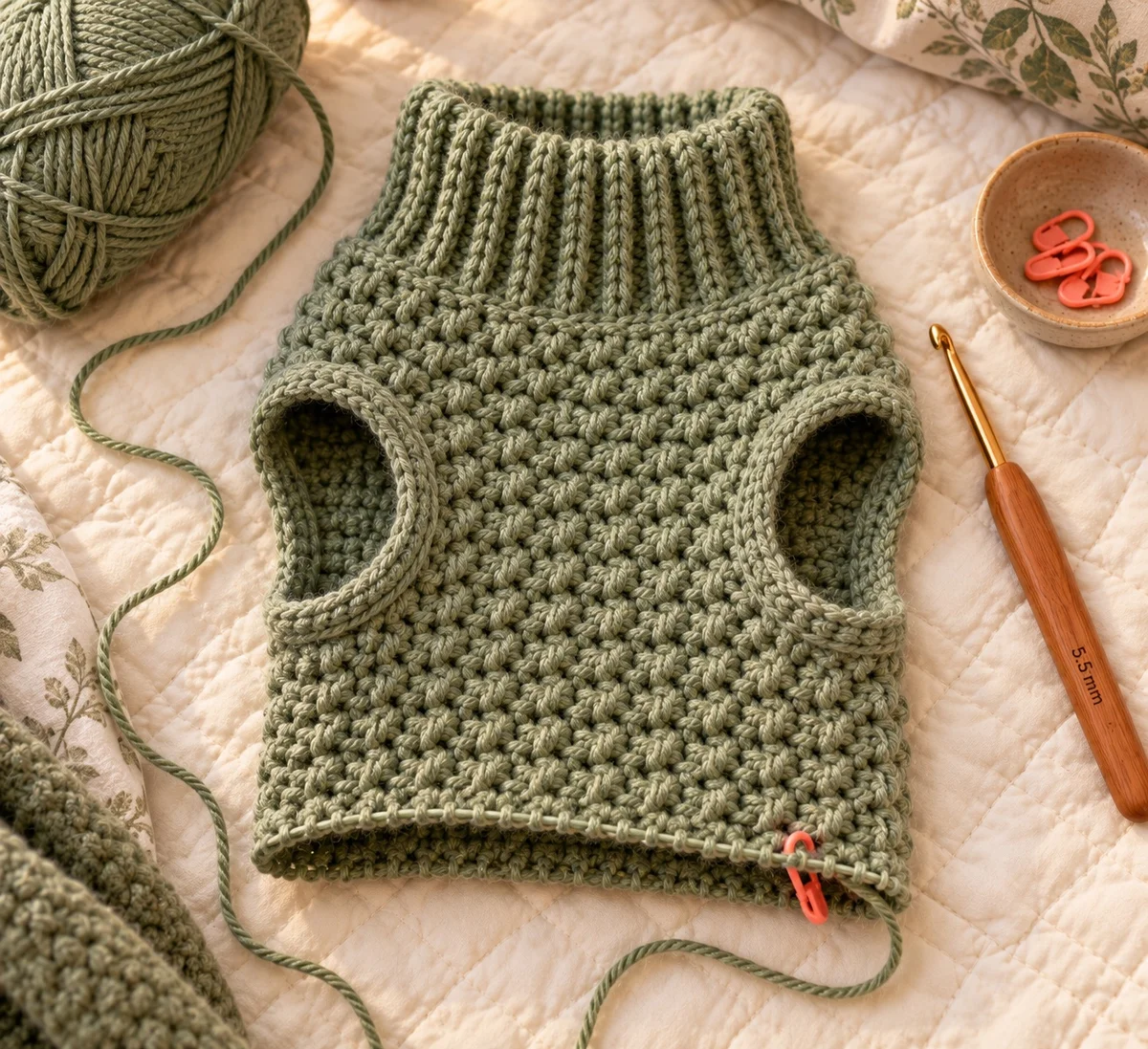 In-progress sage-green crochet dog sweater laid flat showing the chain-space leg openings
