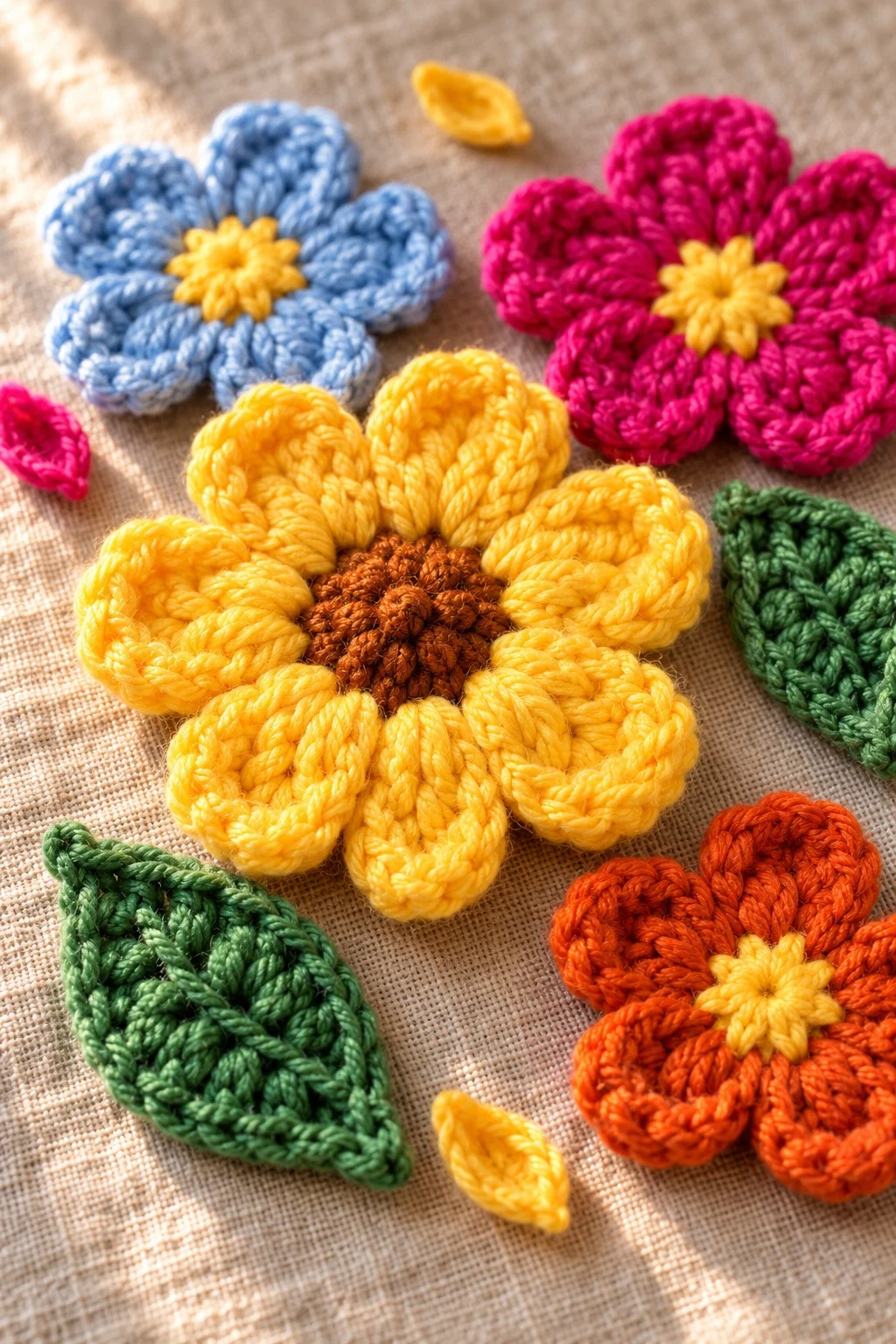 Close-up of dimensional crochet wildflower appliques in bright colors