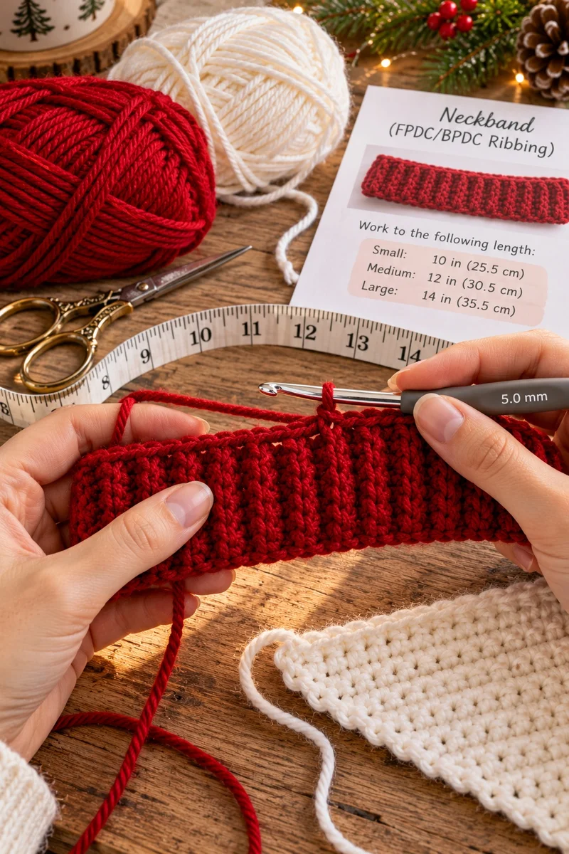 Hands crocheting the red ribbed neckband for dog bandana