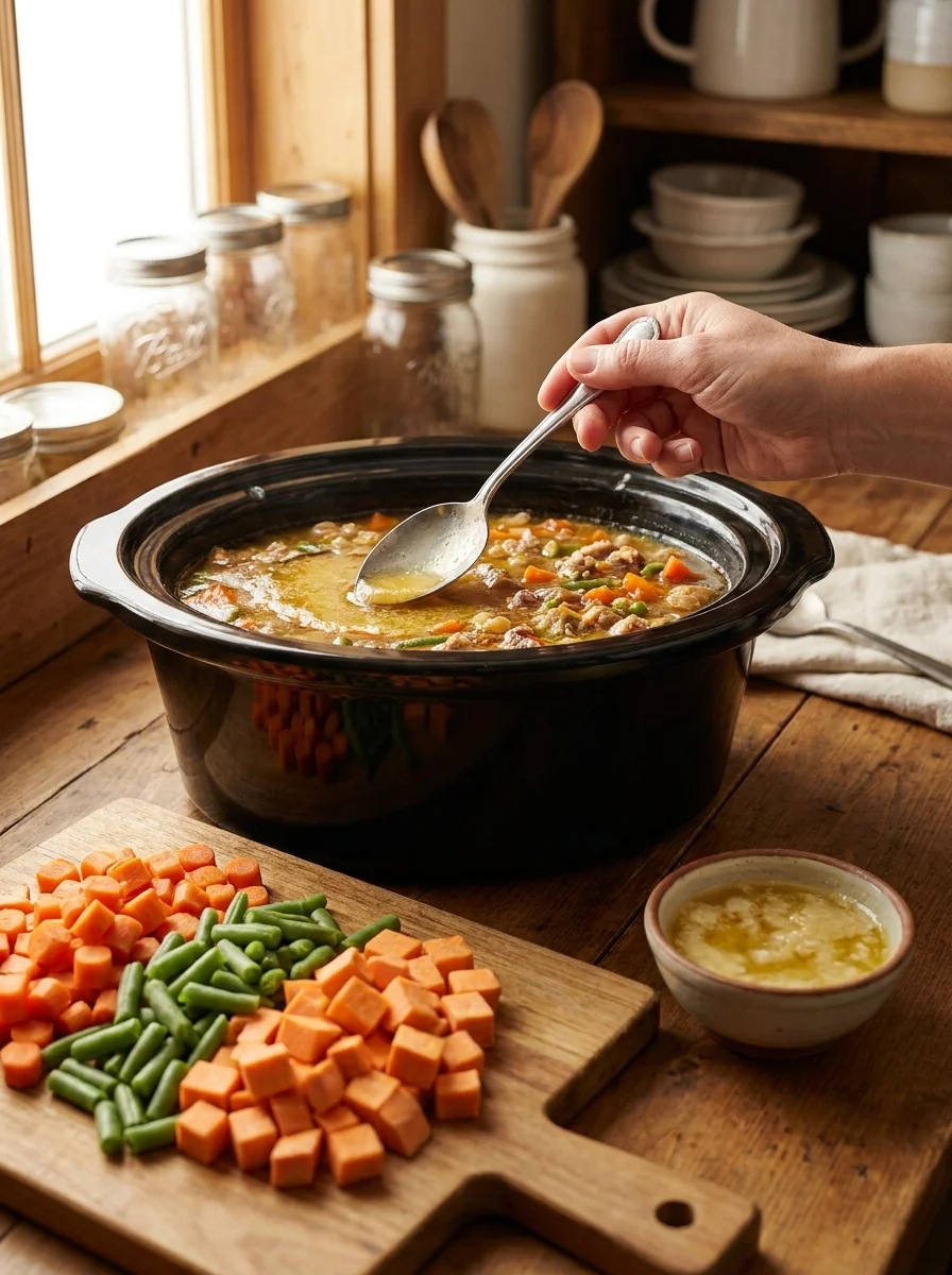 Skimming fat from crockpot turkey dog food with a spoon