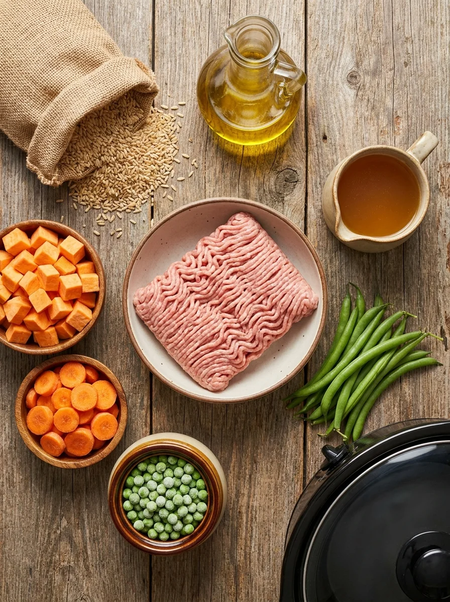 Ingredients for crockpot ground turkey dog food arranged on a rustic table