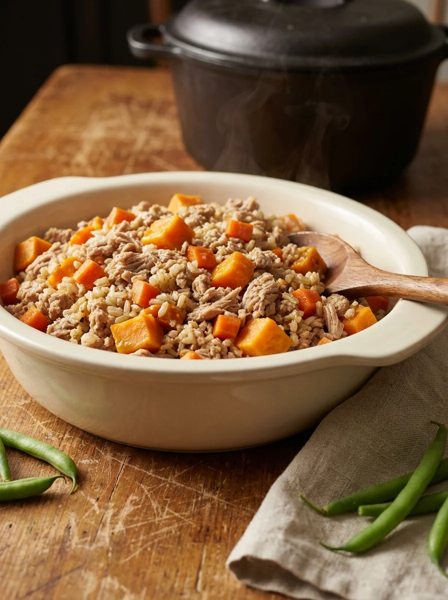 Crockpot ground turkey dog food served in a dish on a rustic wooden table