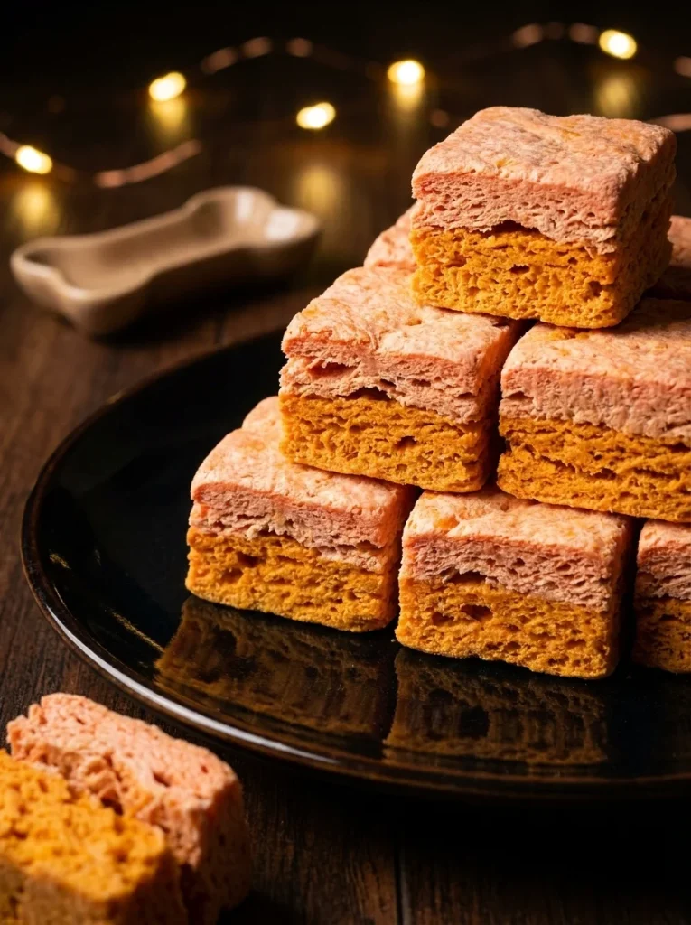 Layered salmon and sweet potato dog treats stacked on a dark plate for a pup party