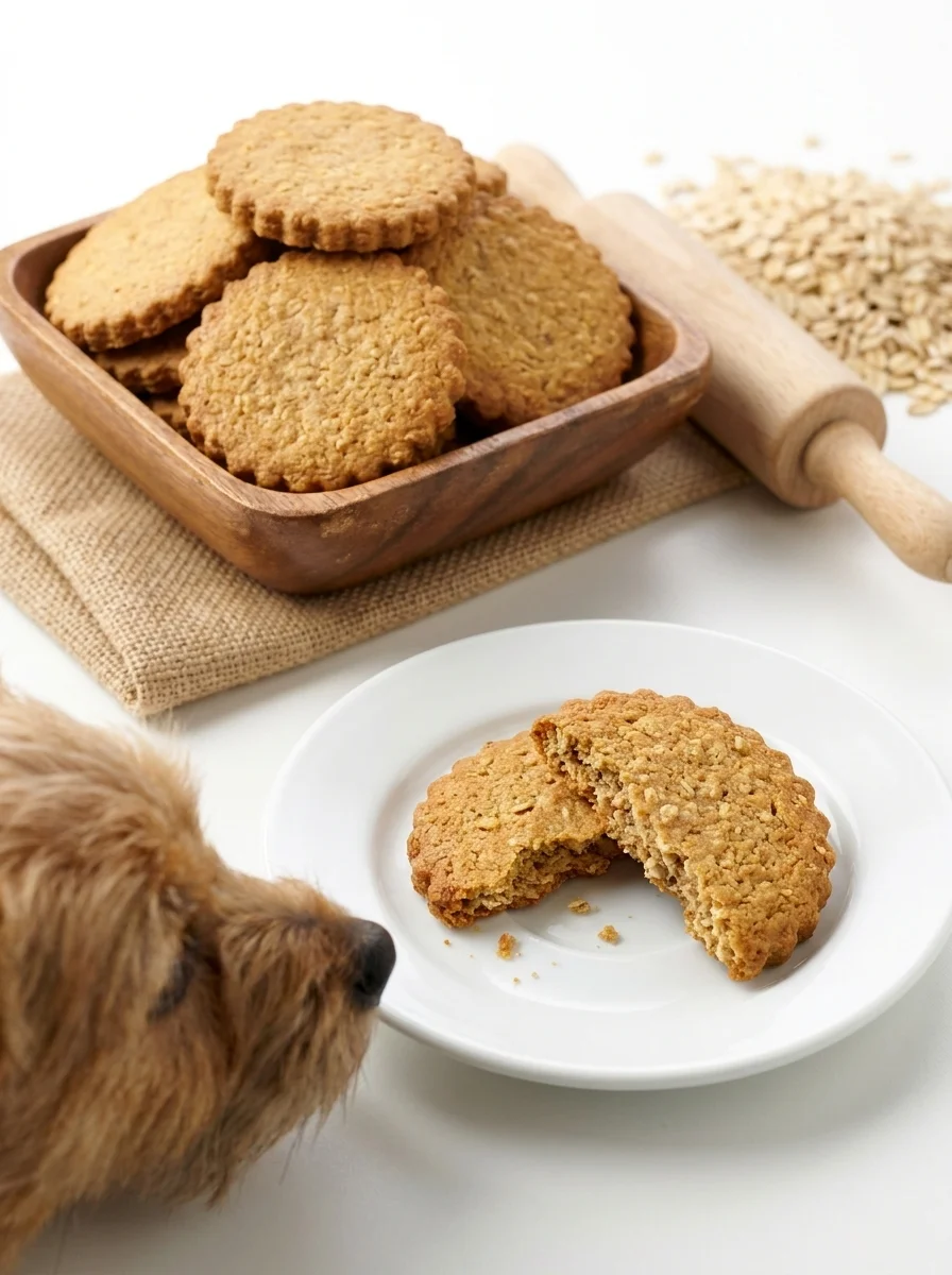 Crunchy banana oatmeal biscuits for dogs in a wooden bowl on a studio table