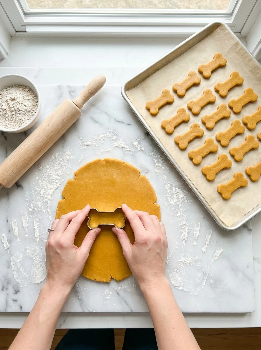 Cutting bone-shaped pumpkin dog treats from rolled dough on marble