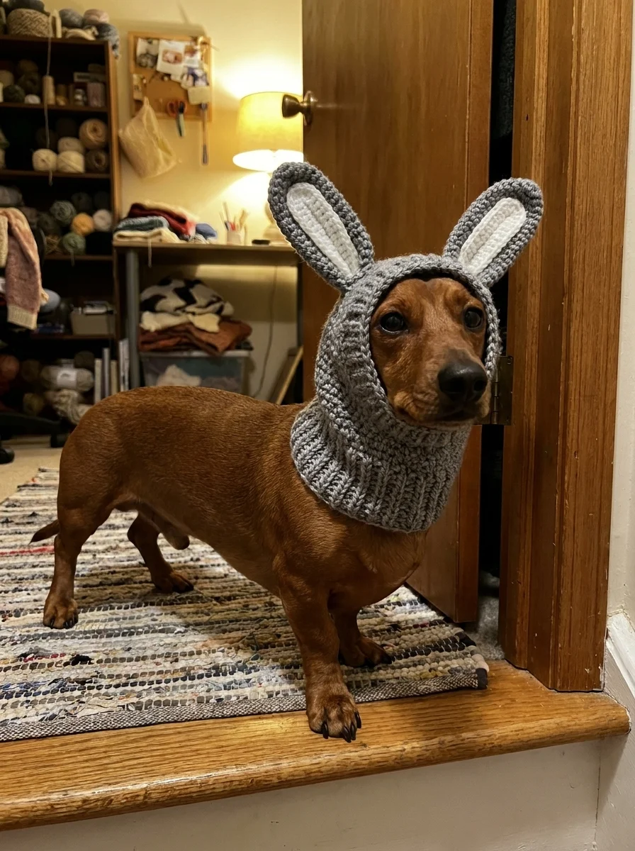 Dachshund standing in a finished bunny snood in a craft room doorway